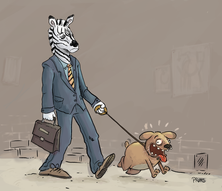 Dessin, BD : Un zèbre promenant son chien.
