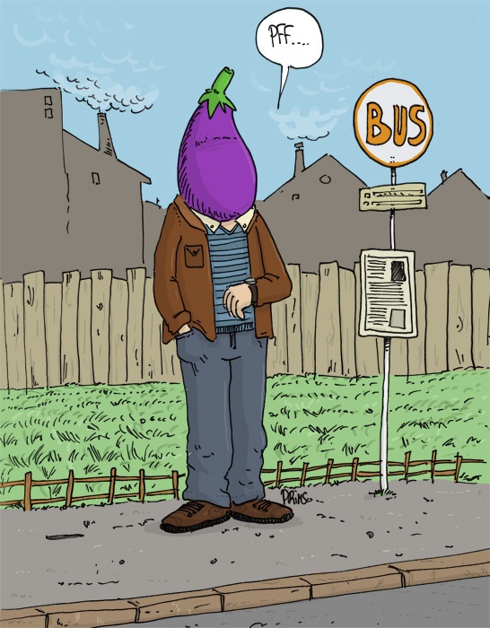 Dessin, BD : L'homme à tête d'aubergine attend le bus