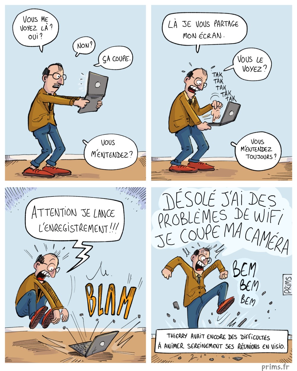 BD humour : Un homme anime une r&eacute;union en visio conf&eacute;rence. 