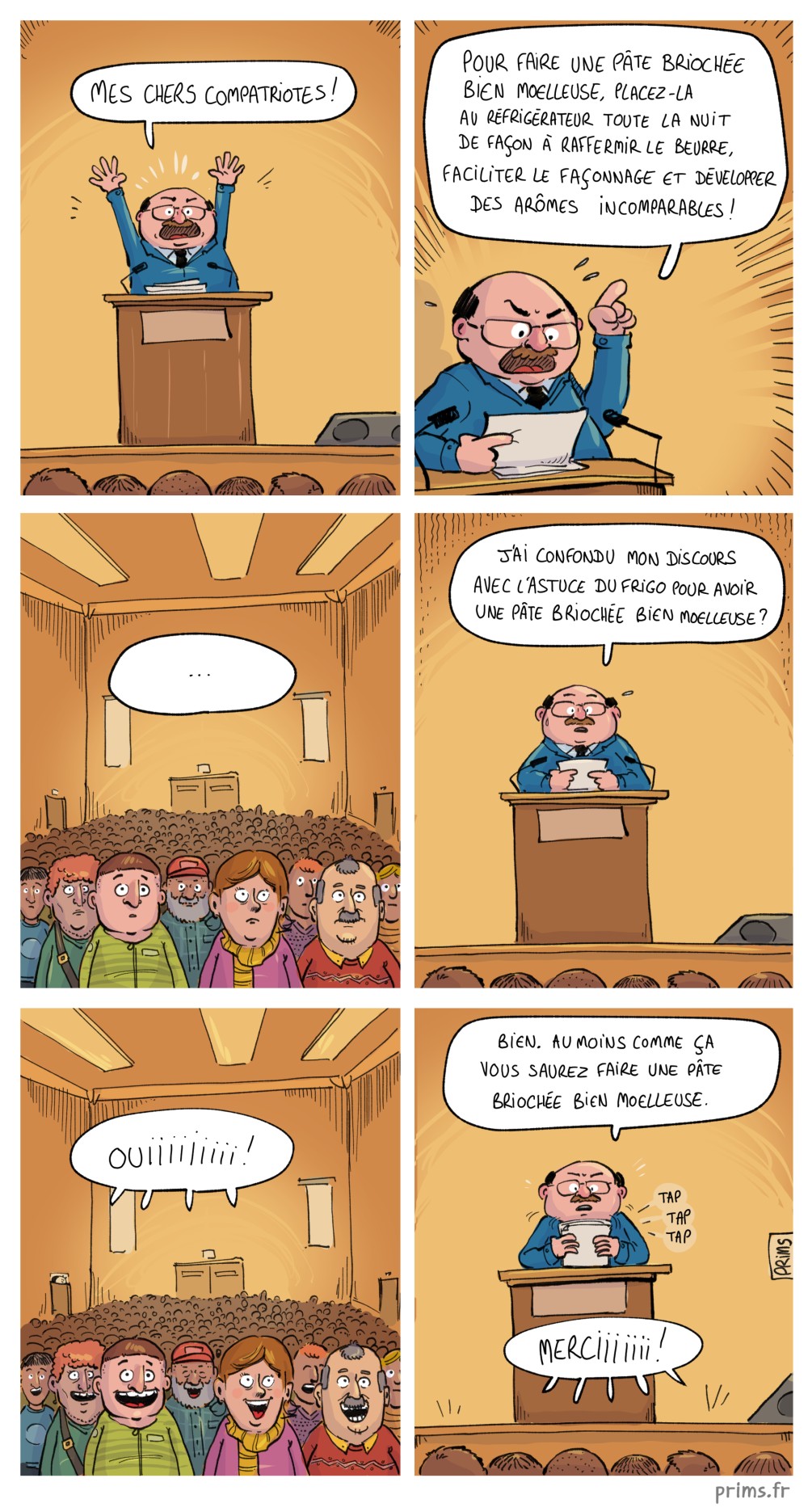 BD humour : Un homme fait un meeting devant une salle comble