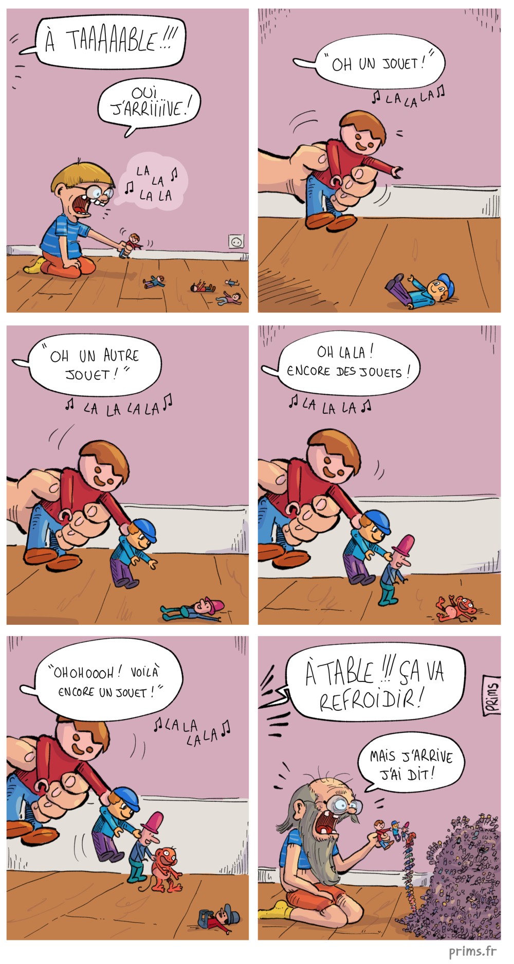 BD humour : C'est l'heure d'aller &agrave; table, mais le petit gar&ccedil;on est en train de jouer.