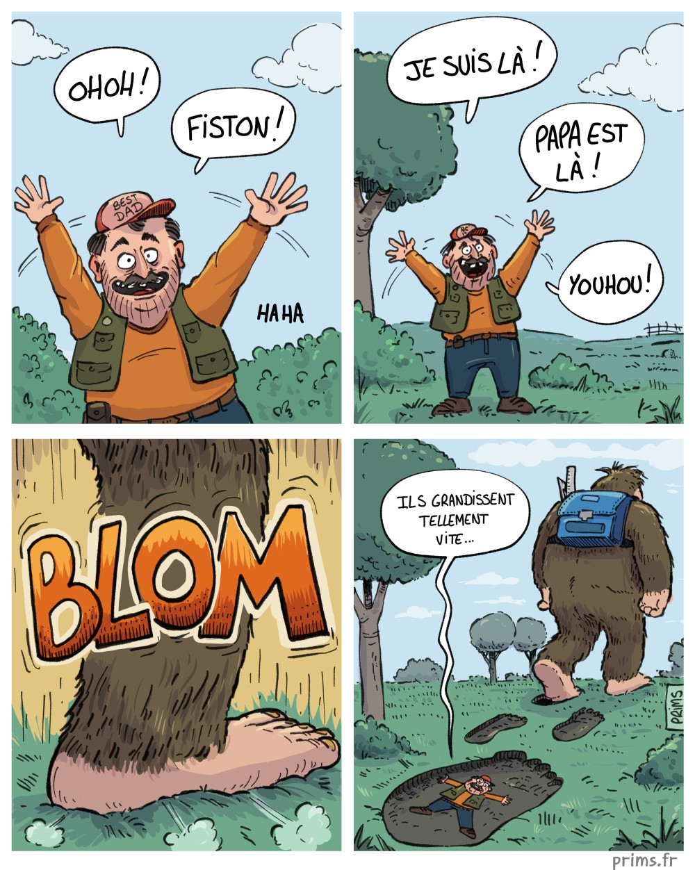 Un homme appelle son fils en faisant des grands signes. Mais soudain : BLOM.